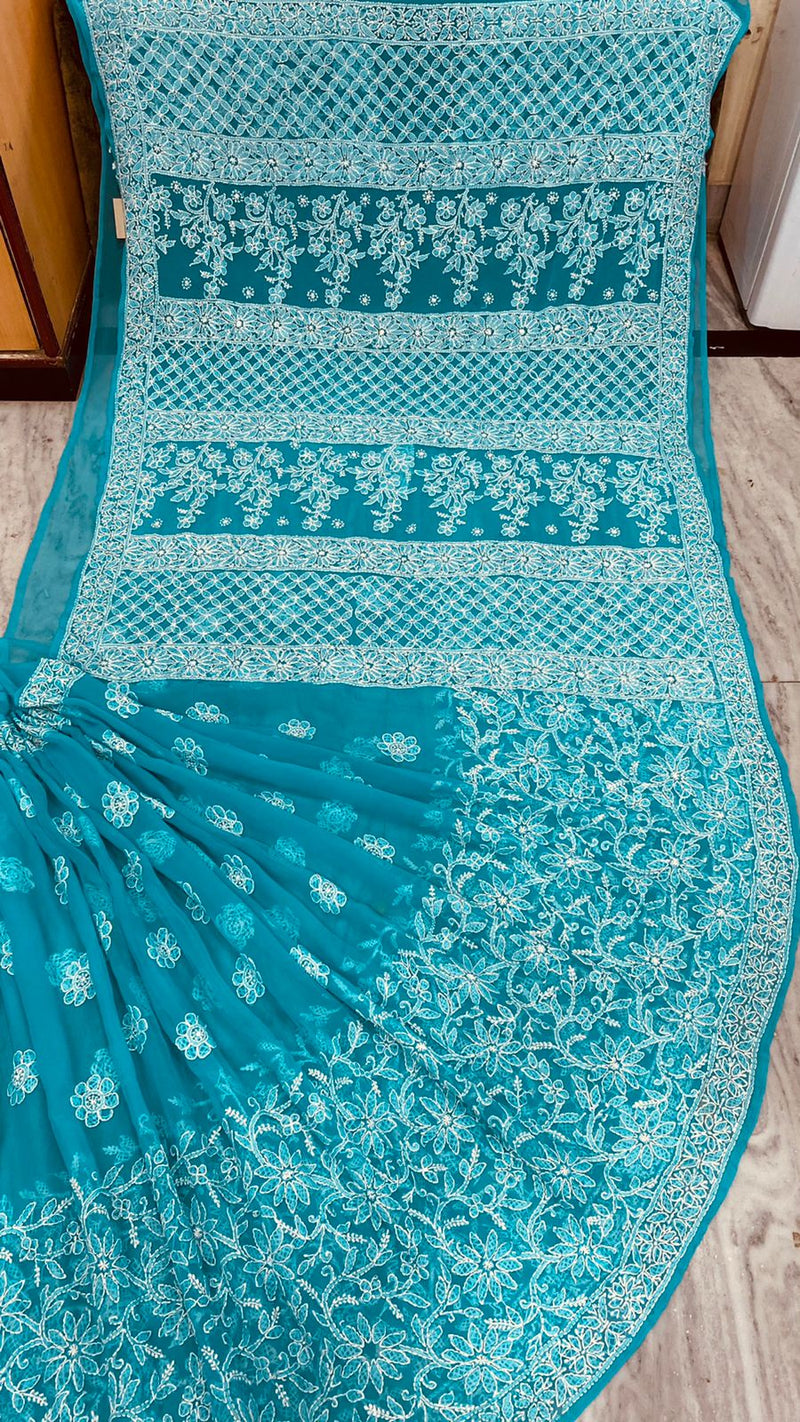 Pure Chiffon Georgette Chikankari Hand Embroidery Half Jaal Work Saree