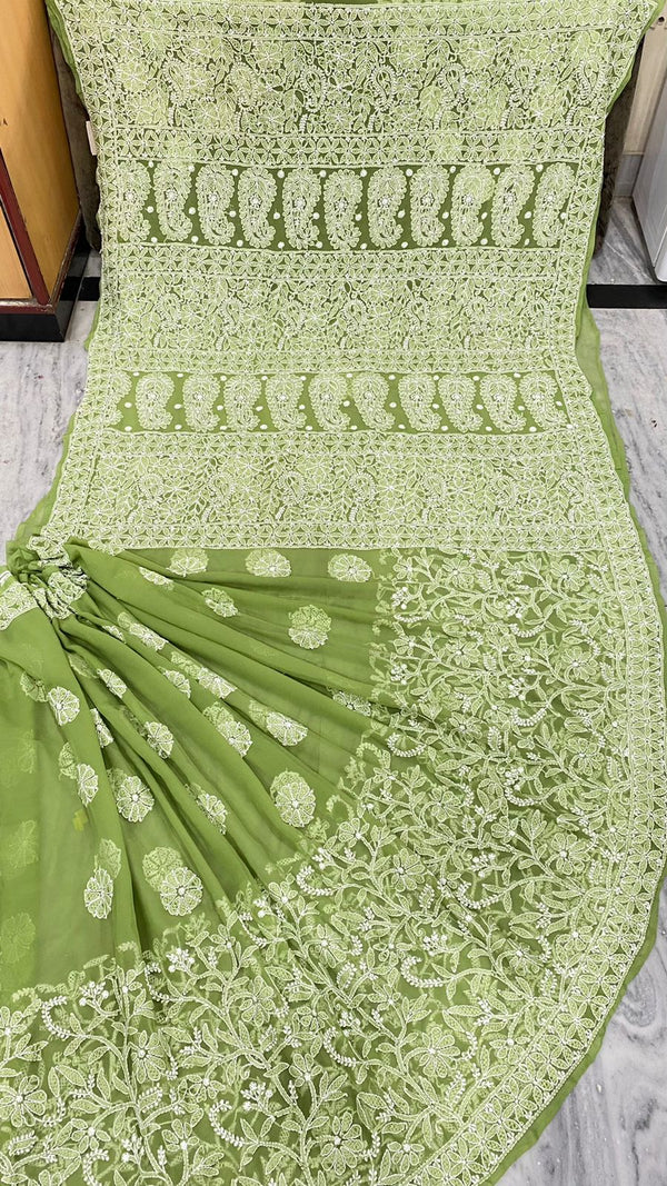 Pure Chiffon Georgette Chikankari Hand Embroidery Half Jaal Work Saree