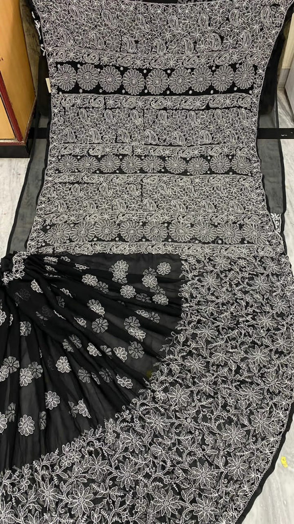 Pure Chiffon Georgette Chikankari Hand Embroidery Half Jaal Work Saree