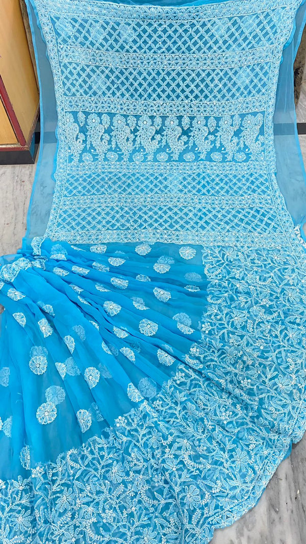 Pure Chiffon Georgette Chikankari Hand Embroidery Half Jaal Work Saree