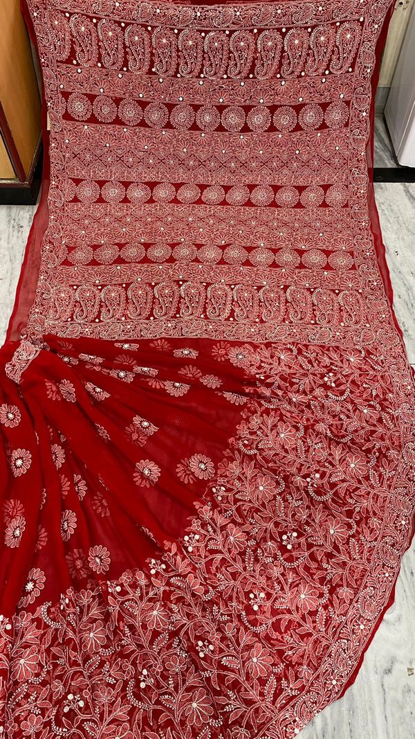 Pure Chiffon Georgette Chikankari Hand Embroidery Half Jaal Work Saree