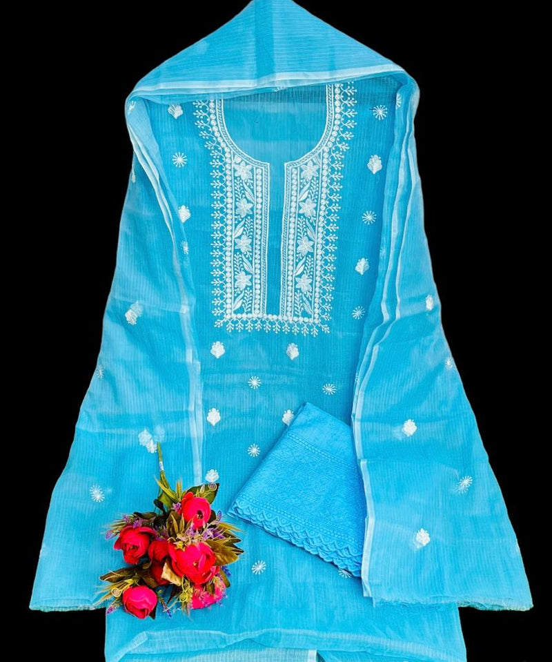 Pure Kota Doriya Embroidery Work Unstitched Suits With Kota Doriya Dupatta & Chikankari Bottom .