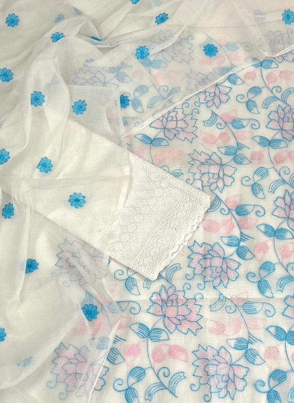 Pure Kota Doriya Embroidery Work Unstitched Suits With Kota Doriya Dupatta & Chikankari Bottom .