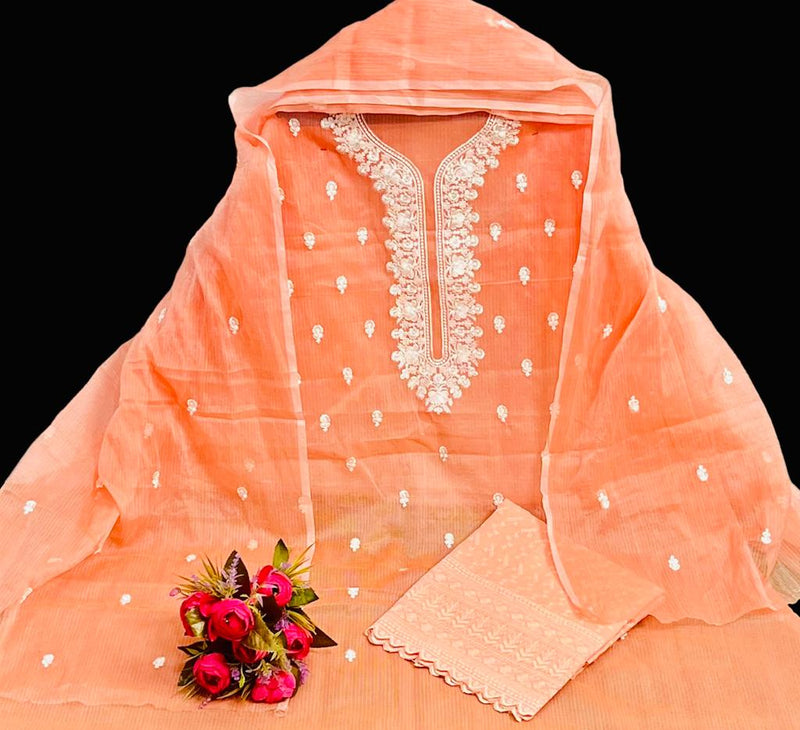 Pure Kota Doriya Embroidery Work Unstitched Suits With Kota Doriya Dupatta & Chikankari Bottom .