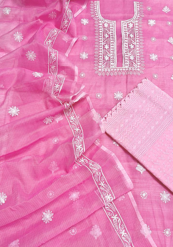 Pure Kota Doriya Embroidery Work Unstitched Suits With Kota Doriya Dupatta & Chikankari Bottom .