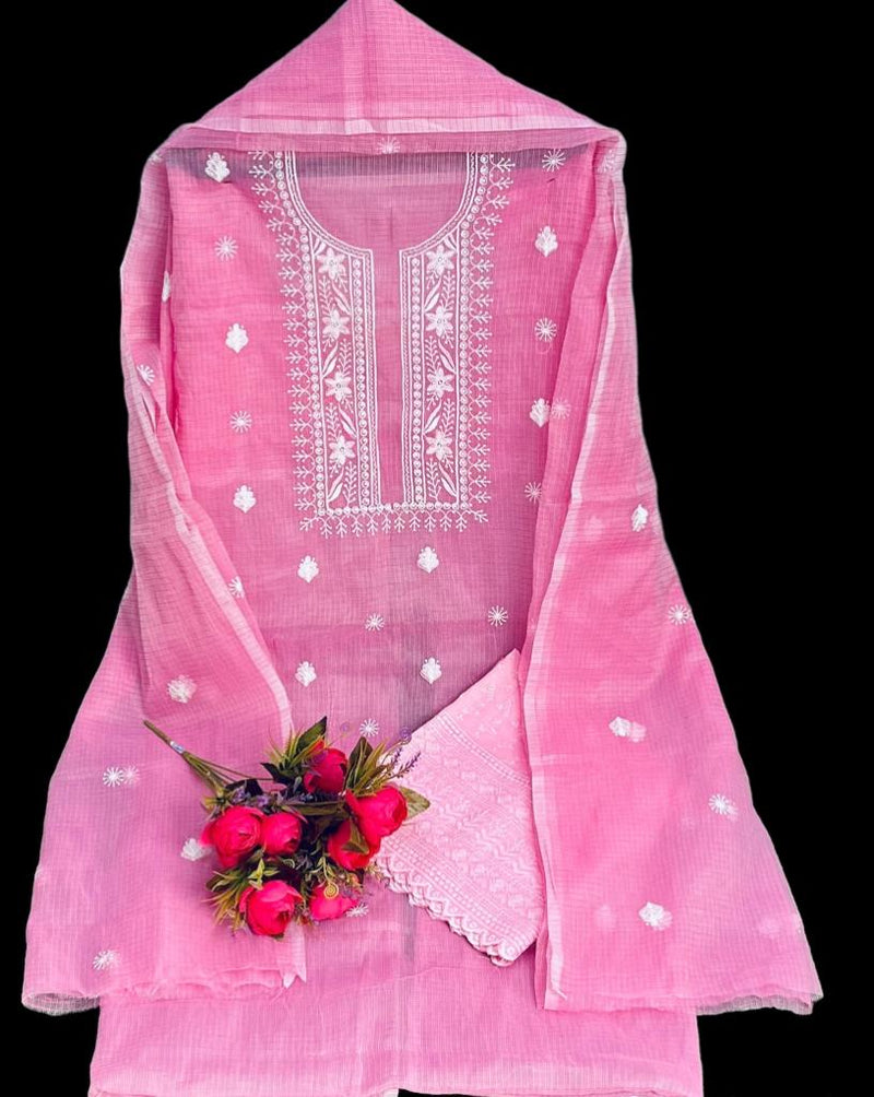 Pure Kota Doriya Embroidery Work Unstitched Suits With Kota Doriya Dupatta & Chikankari Bottom .