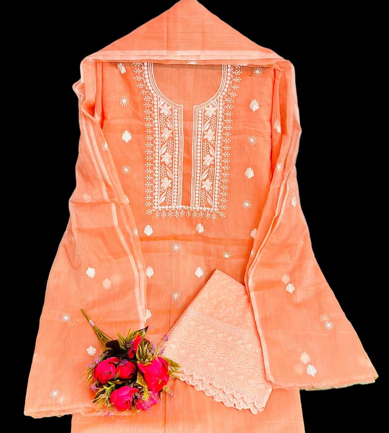 Pure Kota Doriya Embroidery Work Unstitched Suits With Kota Doriya Dupatta & Chikankari Bottom .