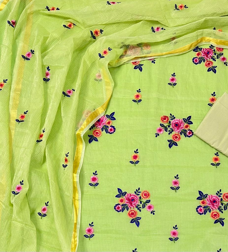 Pure Kota Doriya Embroidery Work Unstitched Suits With Kota Doriya Dupatta