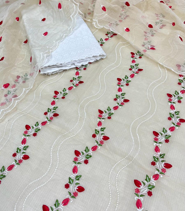 Pure Kota Doriya Embroidery Work Unstitched Suits With Kota Doriya Dupatta & Chikankari Bottom .